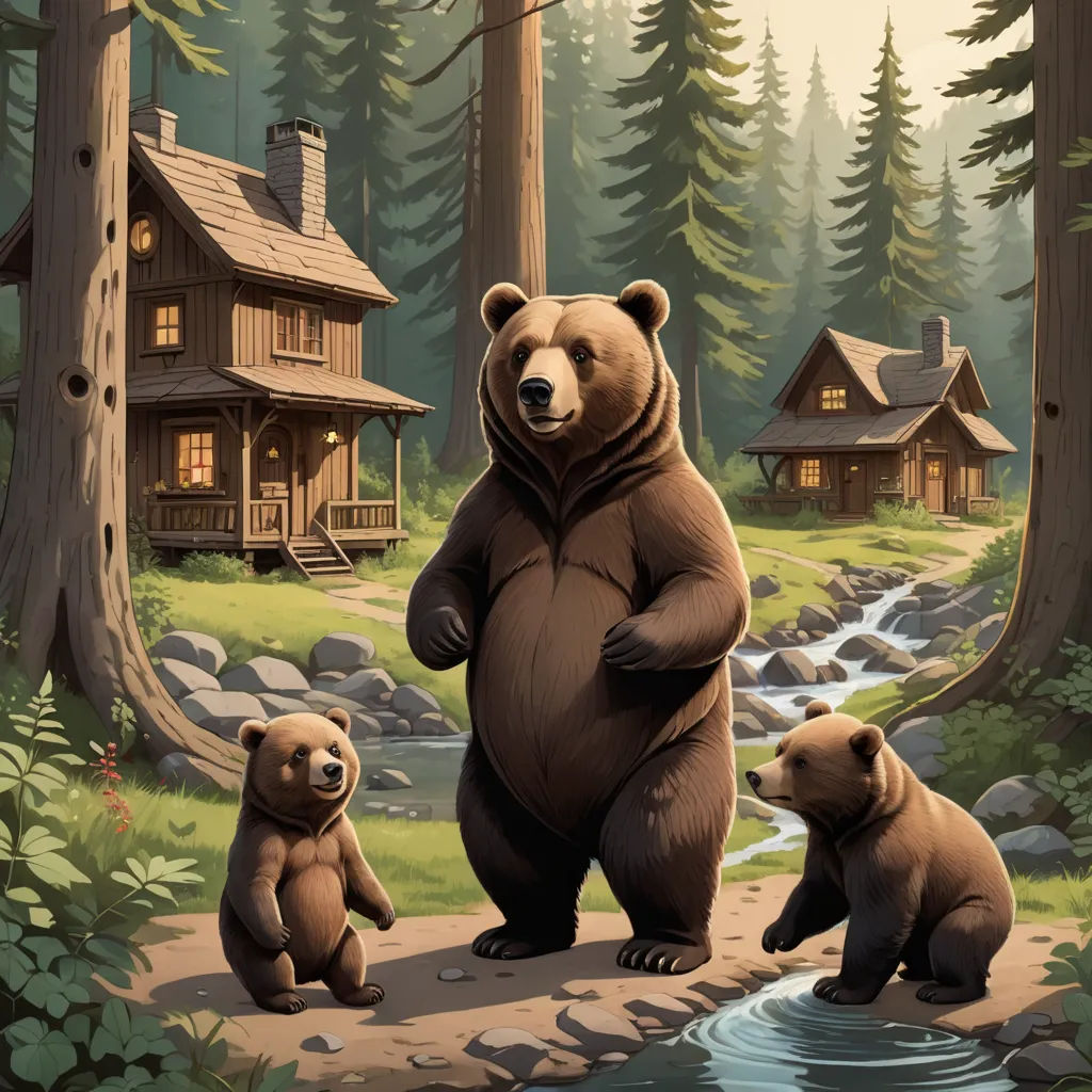 a bear family standing in front of a cabin in the woods with a stream and a cabin in the background, furry art, a storybook illustration, Chris LaBrooy, official art
