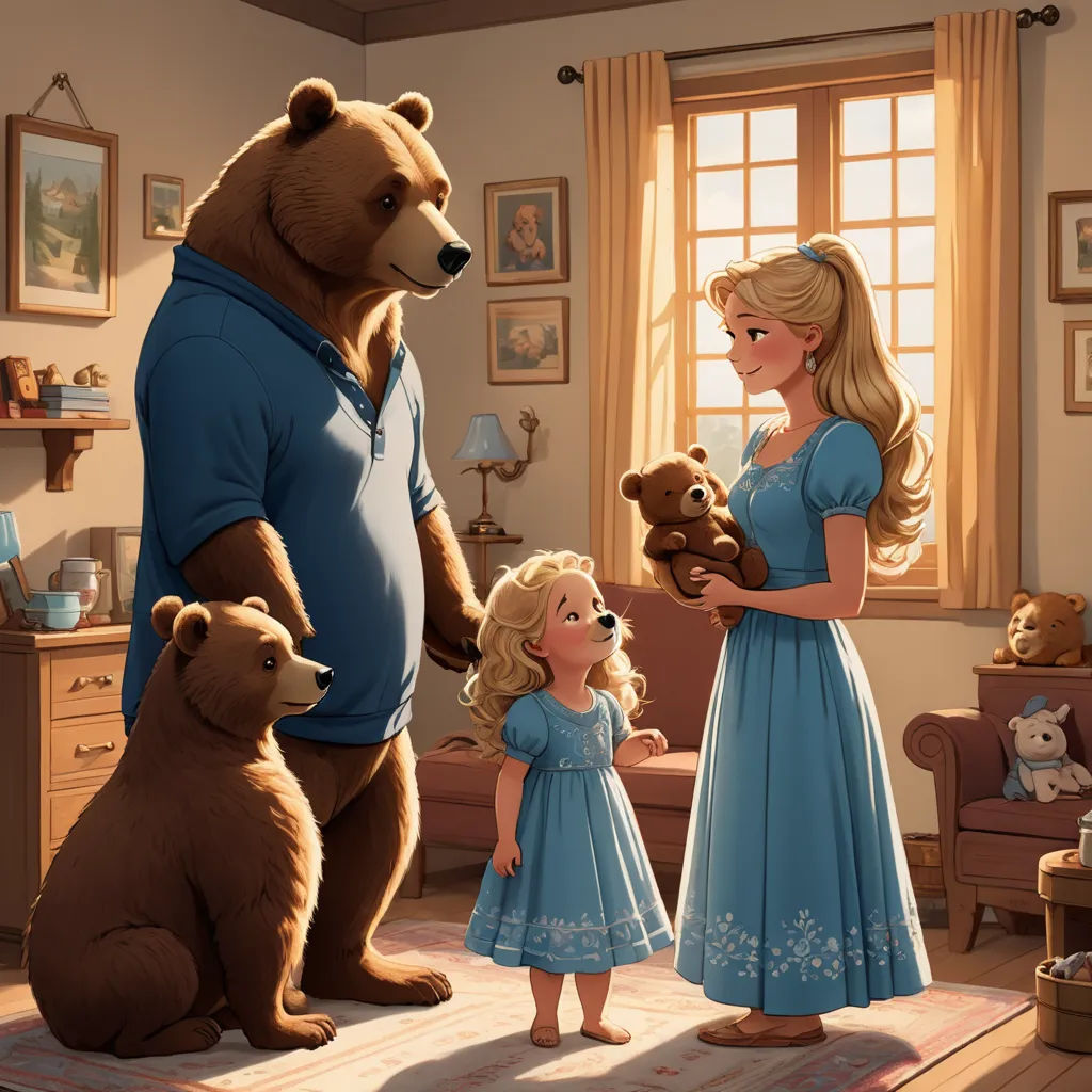 a woman and two children are standing in a room with a bear and a girl in a blue dress, furry art, a storybook illustration, disney, rossdraws global illumination