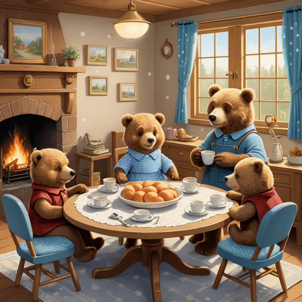 a group of bears sitting around a table with food on it and a fire place in the background with a fireplace, american scene painting, a storybook illustration, Chris LaBrooy, highly detailed digital painting