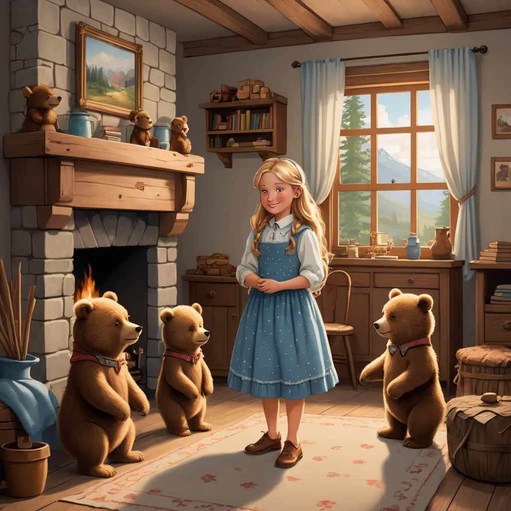 a little girl standing in a room with teddy bears and a fireplace in it's corner and a painting of a bear family, american scene painting, a storybook illustration, Chris LaBrooy, storybook illustration