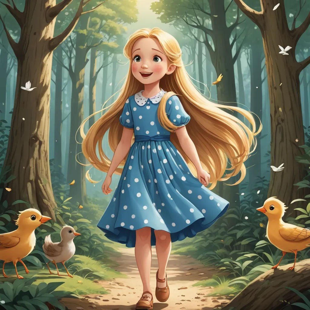 a girl in a blue dress is walking through the woods with ducks and ducks nearby on a path that leads to a forest, magical realism, a storybook illustration, Alice Prin, storybook illustration