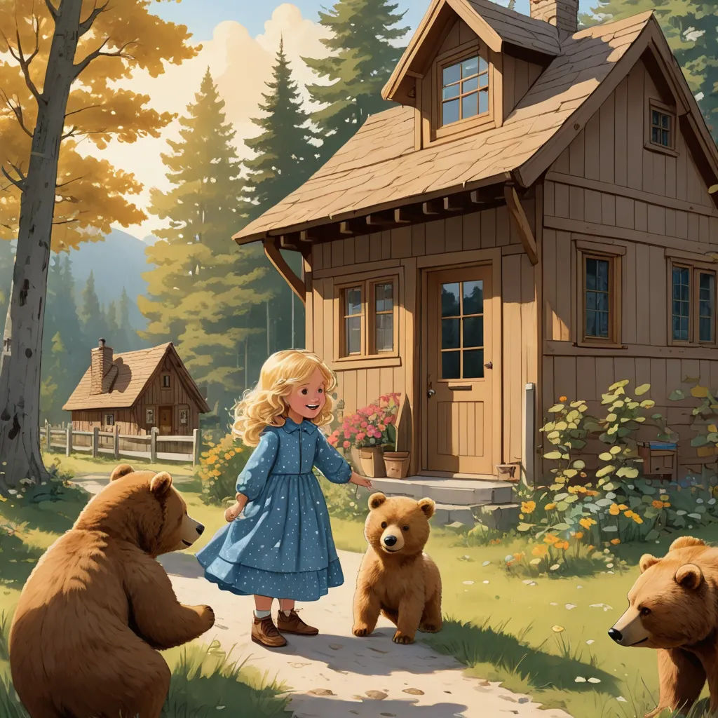 a little girl standing in front of a house with bears around her and a bear cub in front of her, american scene painting, a storybook illustration, Chris LaBrooy, storybook illustration