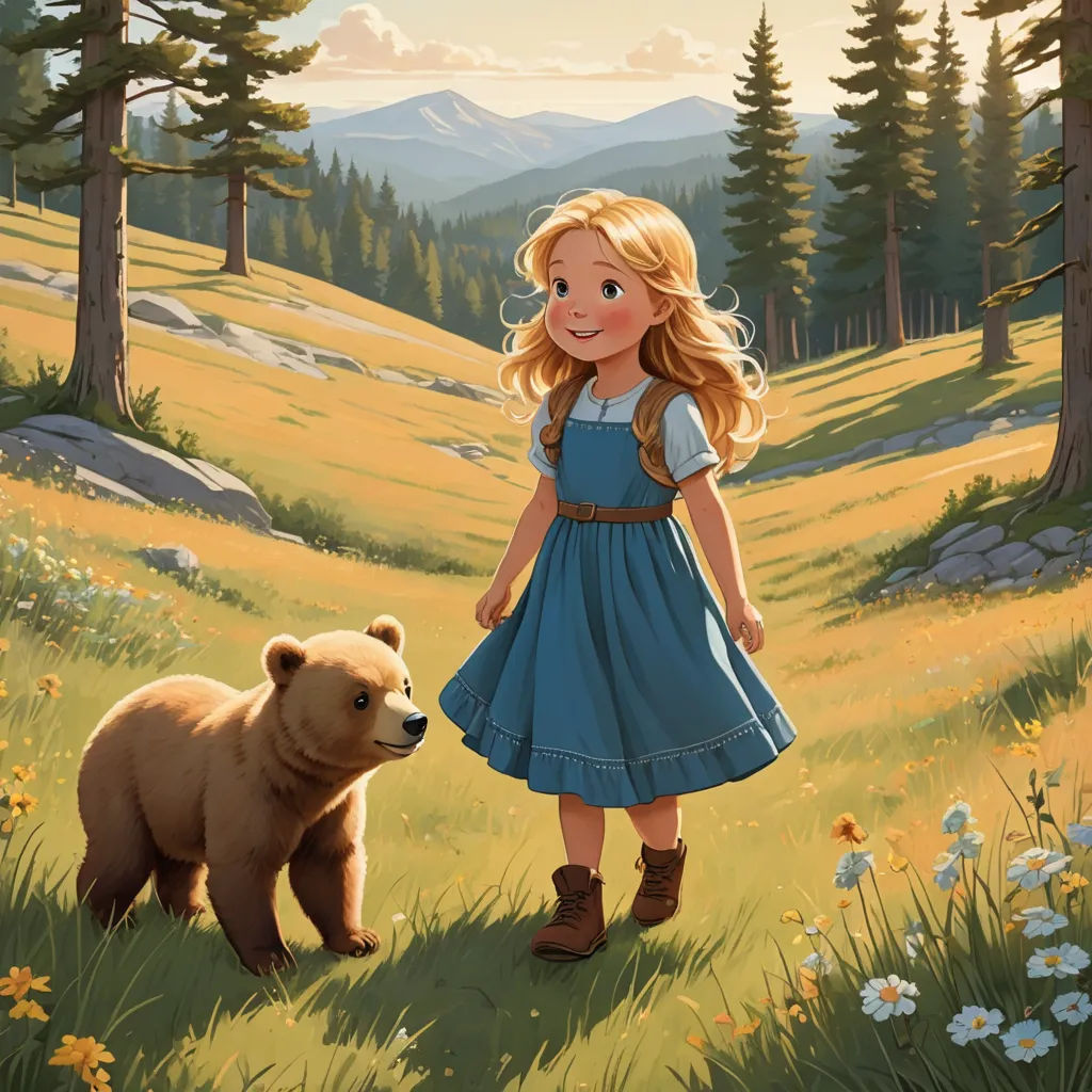 a painting of a girl and a bear in a field with mountains in the background and trees in the foreground, sots art, a storybook illustration, Anne Said, official art