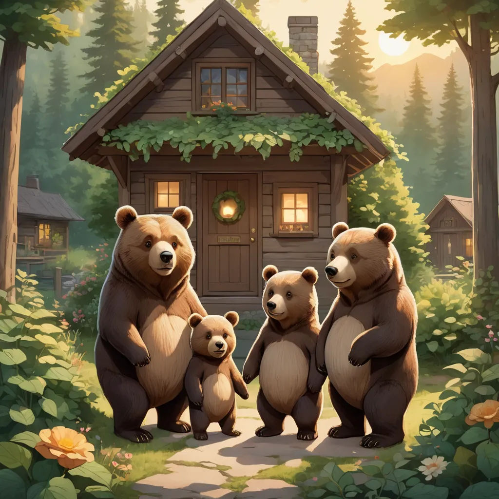 a family of bears standing in front of a cabin in the woods with a house in the background and a forest scene, furry art, a storybook illustration, Chris LaBrooy, official art