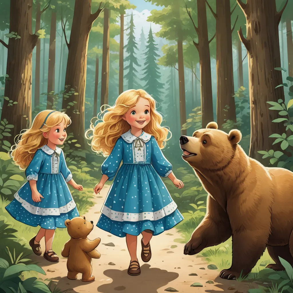 a girl and a bear are walking through the woods together, with a bear nearby and a bear looking at her, fantasy art, a storybook illustration, Arthur Hughes, storybook illustration