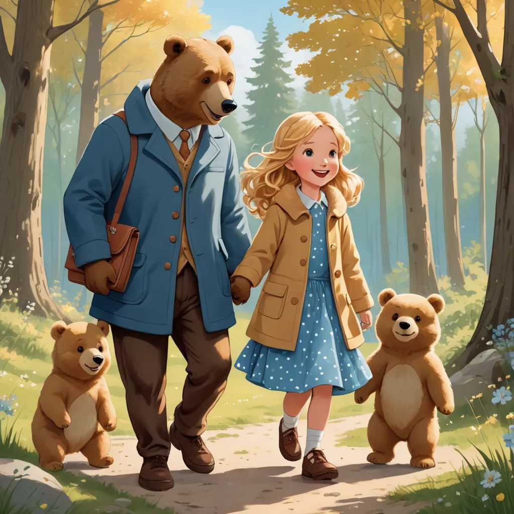 a man and a woman walking with two bears in a forest with trees and flowers behind them, and a little girl in a blue dress and brown coat, american scene painting, a storybook illustration, Bob Byerley, official art
