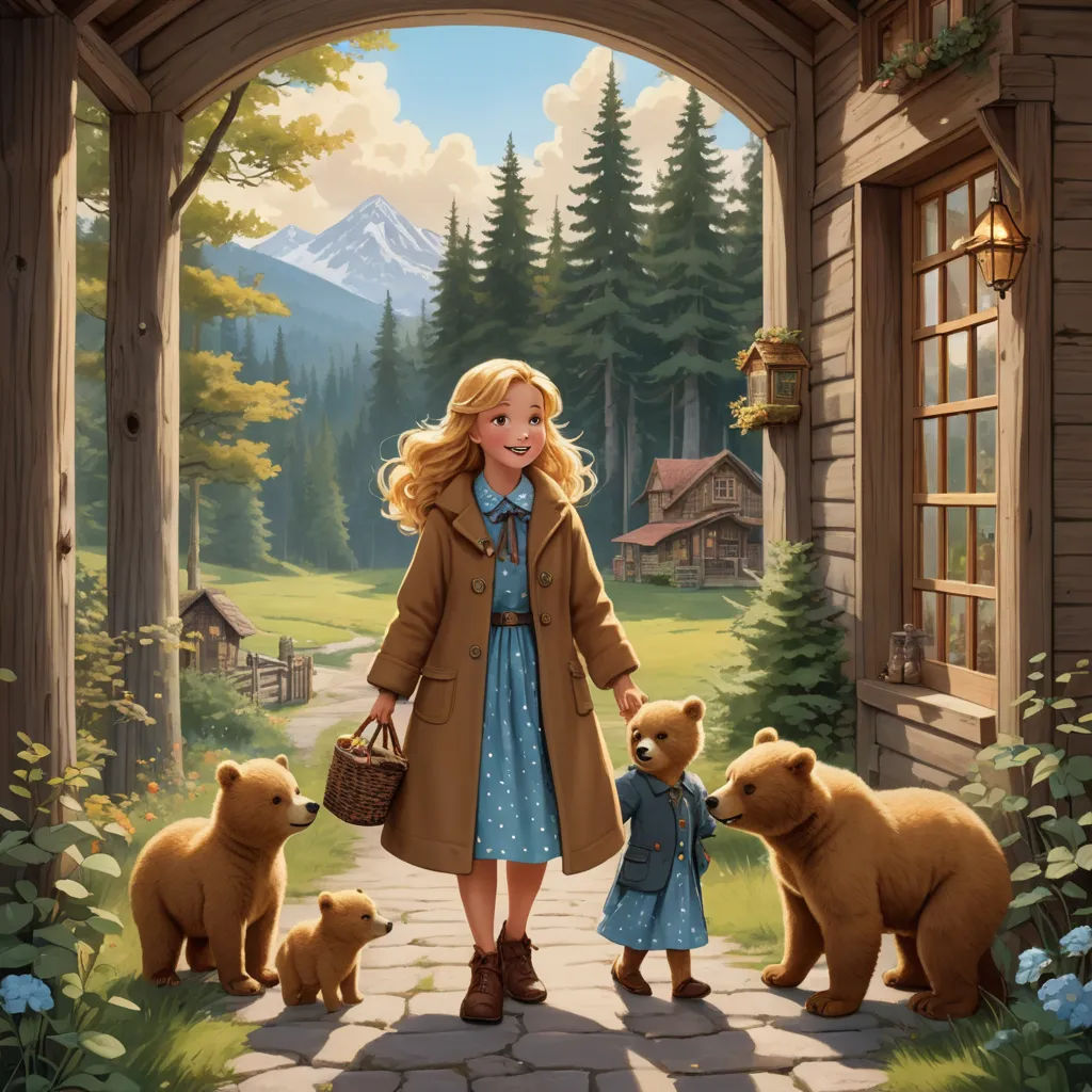 a painting of a girl and her bears in a doorway with a mountain view behind her and a cabin, american scene painting, a storybook illustration, Bob Byerley, kinkade