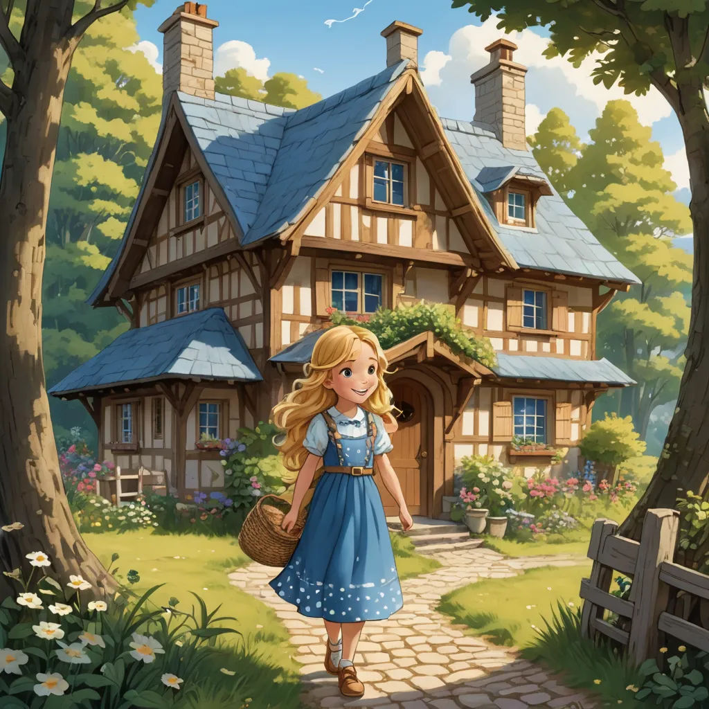 a girl in a blue dress is walking towards a house with a blue roof and a blue roofline, fantasy art, a storybook illustration, Alice Prin, rossdraws global illumination