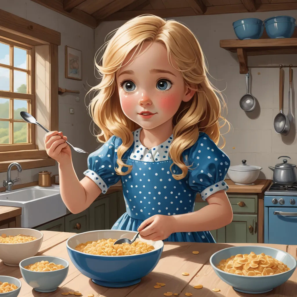 a painting of a girl eating cereal in a kitchen with a sink and window in the background and a bowl of cereal in the foreground, photorealism, a storybook illustration, Cliff Childs, storybook illustration