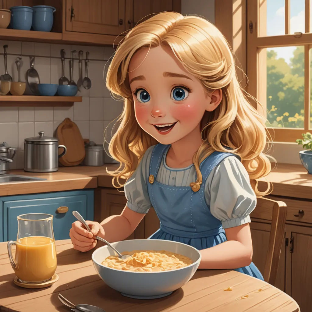 a cartoon girl eating cereal at a table with a glass of orange juice in front of her and a mug of orange juice in front of her, photorealism, a storybook illustration, Cliff Childs, rossdraws global illumination