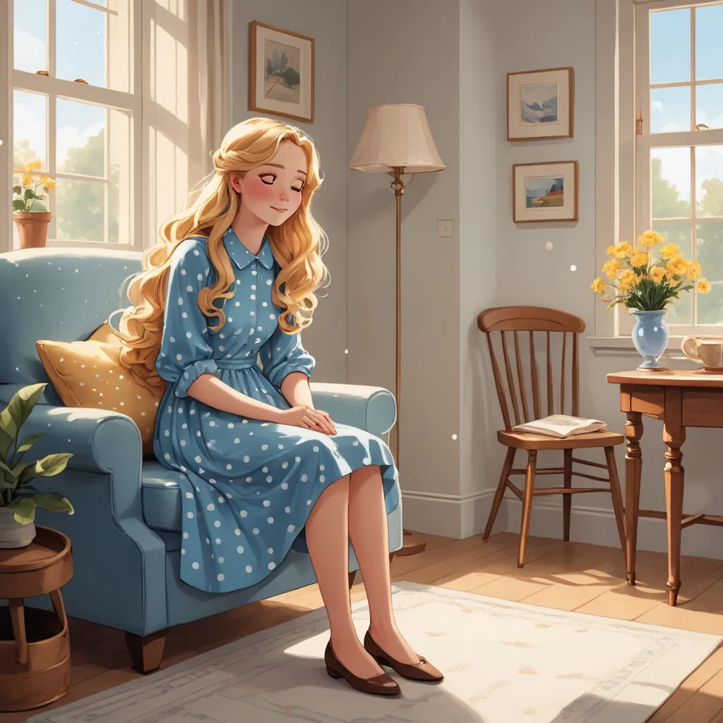 a painting of a woman sitting on a blue couch in a room with a table and chairs and a lamp, american scene painting, a storybook illustration, Celia Fiennes, rossdraws global illumination