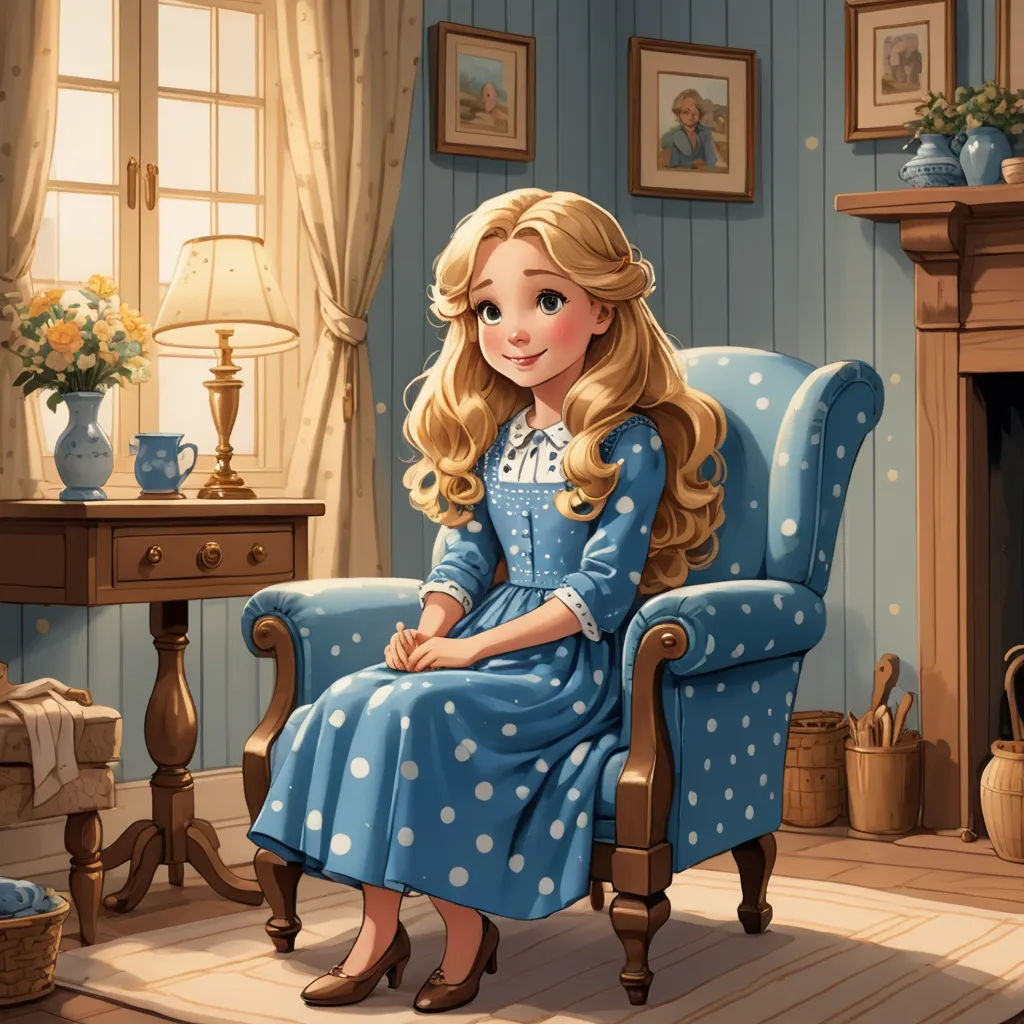 a painting of a girl sitting in a chair in a room with a fireplace and a table with a vase on it, american scene painting, a storybook illustration, Clarice Beckett, storybook illustration
