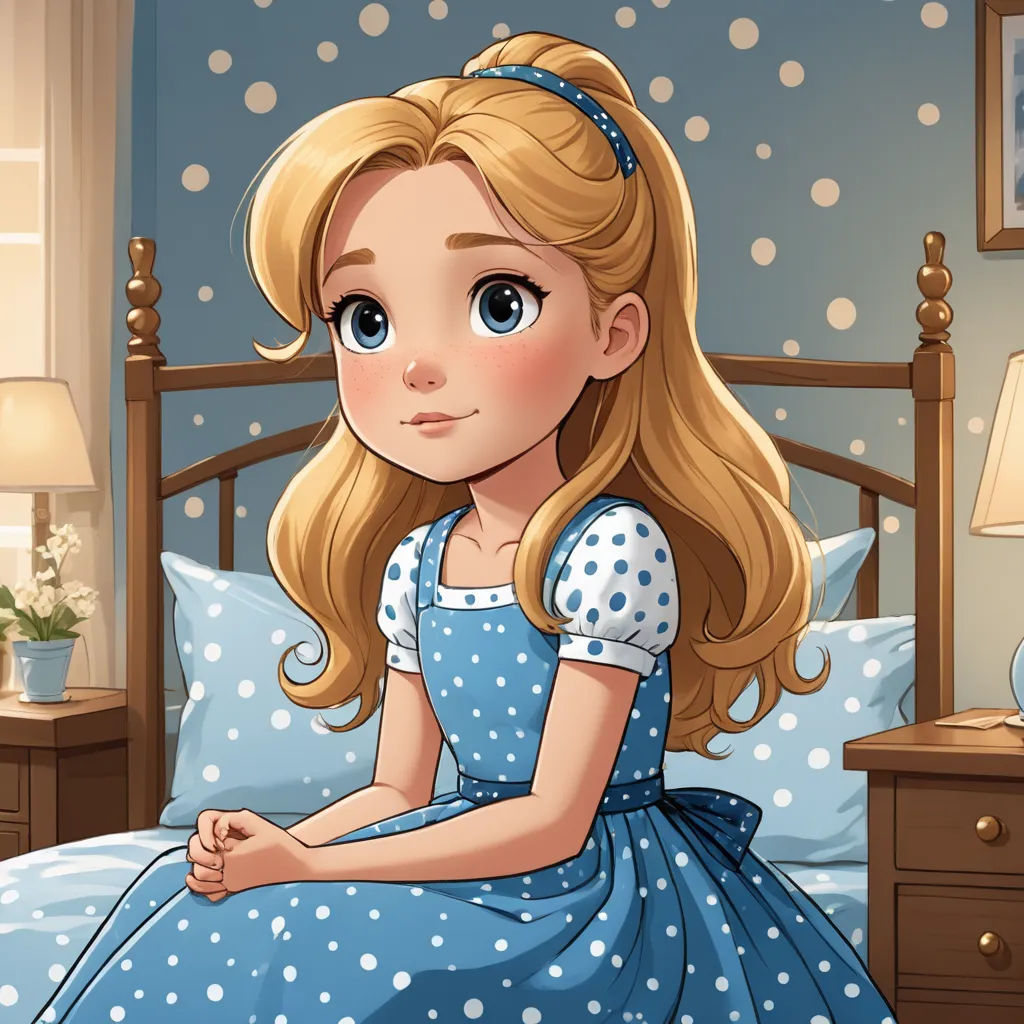 a cartoon girl sitting on a bed with a blue dress and polka dot pillow in a bedroom with a blue wall, remodernism, a storybook illustration, Alice Prin, storybook illustration