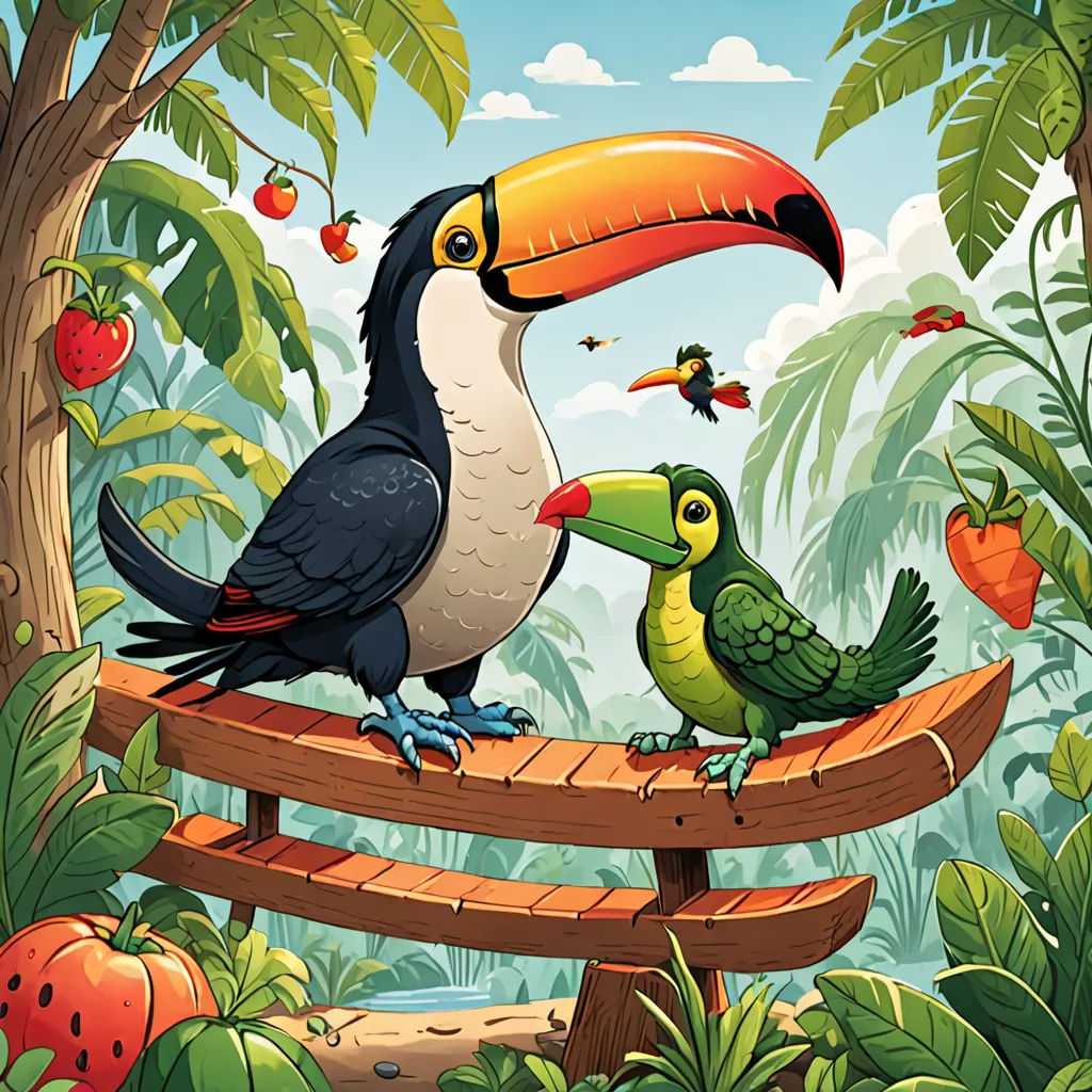 a bird and a bird on a wooden bench in a jungle with birds and berries on the tree branches, lyco art, a storybook illustration, Chris LaBrooy, storybook illustration