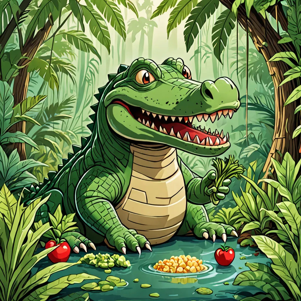 a crocodile in the jungle with a lot of plants and food in the water illustration by alex krawc, sots art, a storybook illustration, Chris LaBrooy, highly detailed digital art