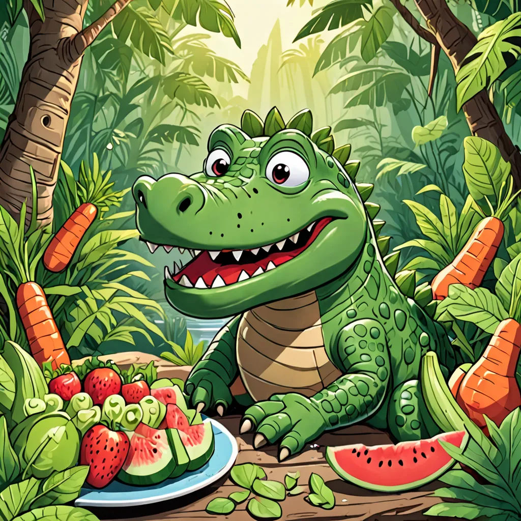 a cartoon alligator eating a piece of watermelon in the jungle with a plate of fruit and vegetables, sots art, a storybook illustration, Andries Stock, storybook illustration