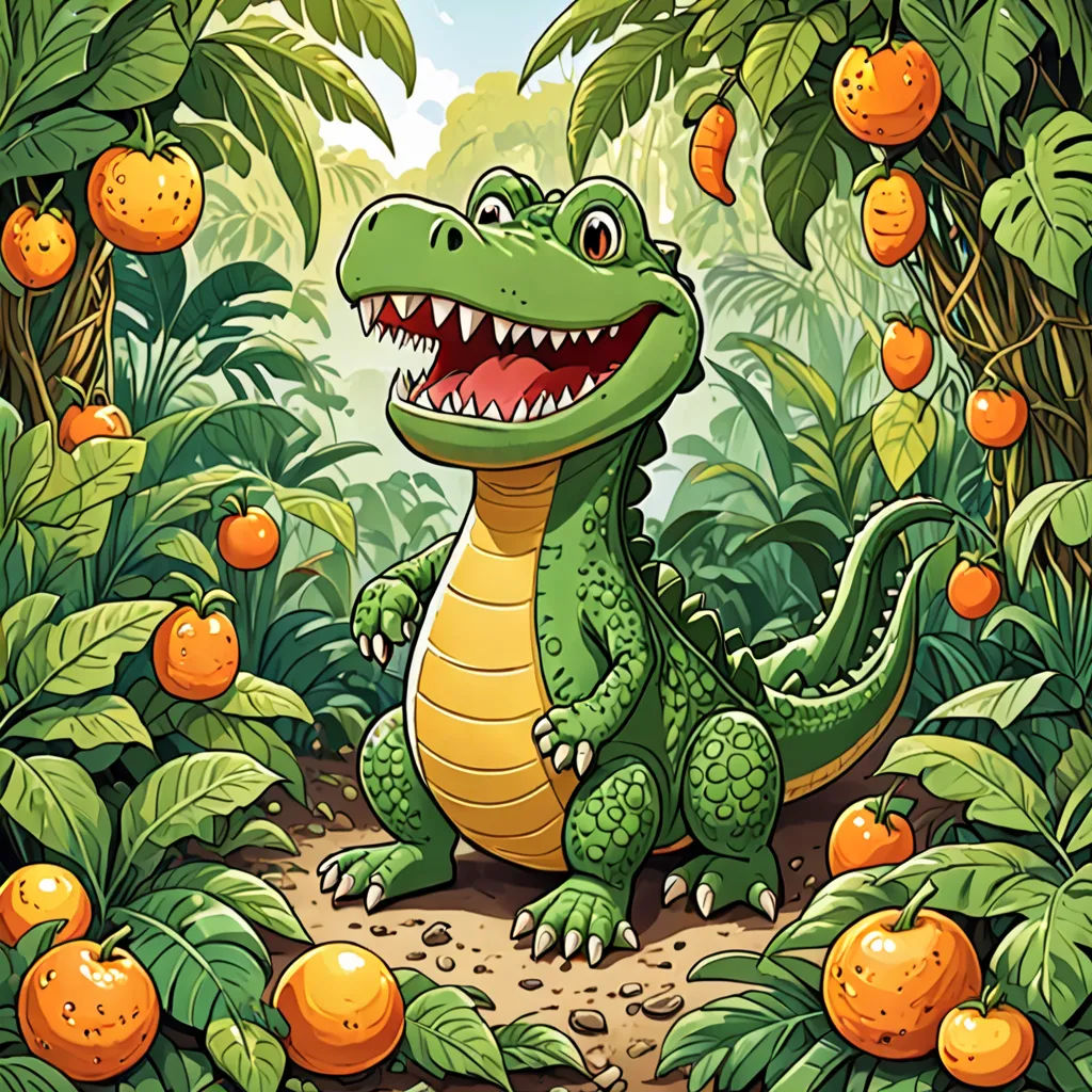 a cartoon alligator in a jungle with oranges and trees in the background, with a smiling face and mouth, sots art, a storybook illustration, Chris LaBrooy, orange