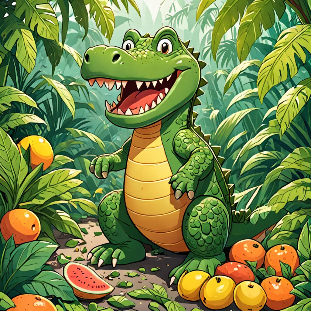 a cartoon alligator in the jungle with fruits and leaves around him and smiling for the camera with a big smile, sots art, a storybook illustration, Chris LaBrooy, high detail illustration