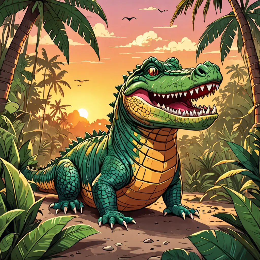a large alligator in the jungle with palm trees and birds in the background illustration by john freckle, sots art, a storybook illustration, Chris LaBrooy, rossdraws global illumination