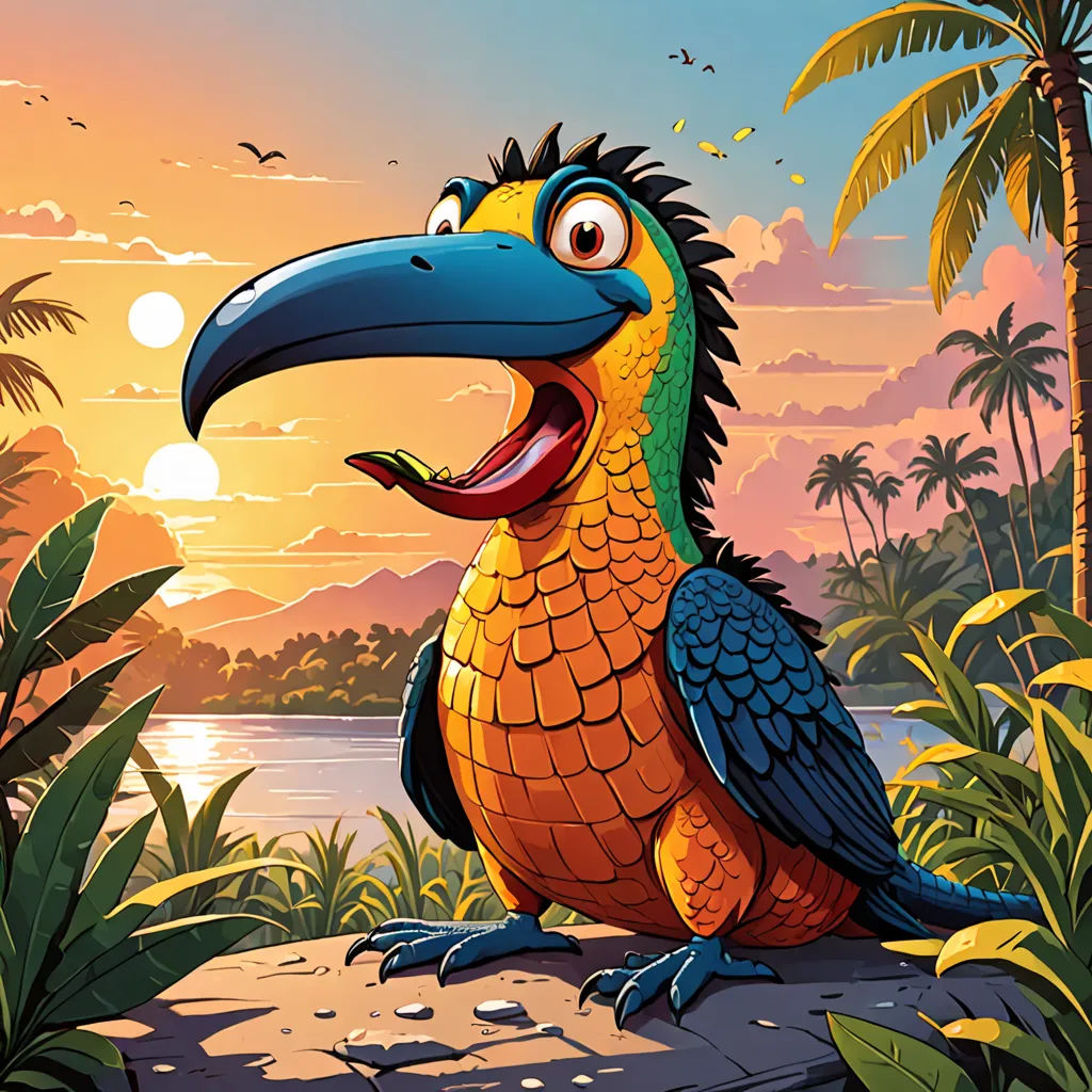 a cartoon bird with a blue beak and yellow wings sitting on a rock in the jungle with palm trees, lyco art, a character portrait, Chris LaBrooy, promotional image