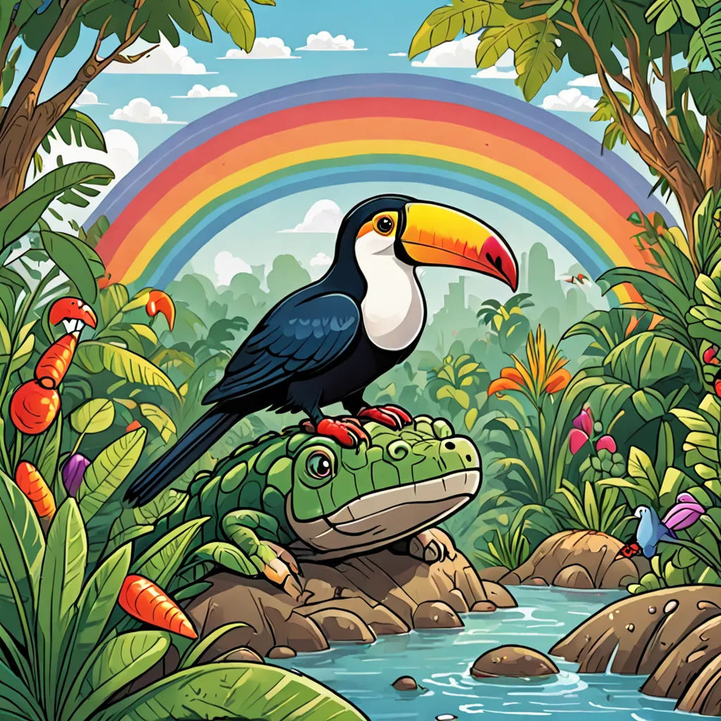 a bird sitting on top of a frog in a jungle with a rainbow in the background and a rainbow in the sky, environmental art, a storybook illustration, Chris LaBrooy, storybook illustration