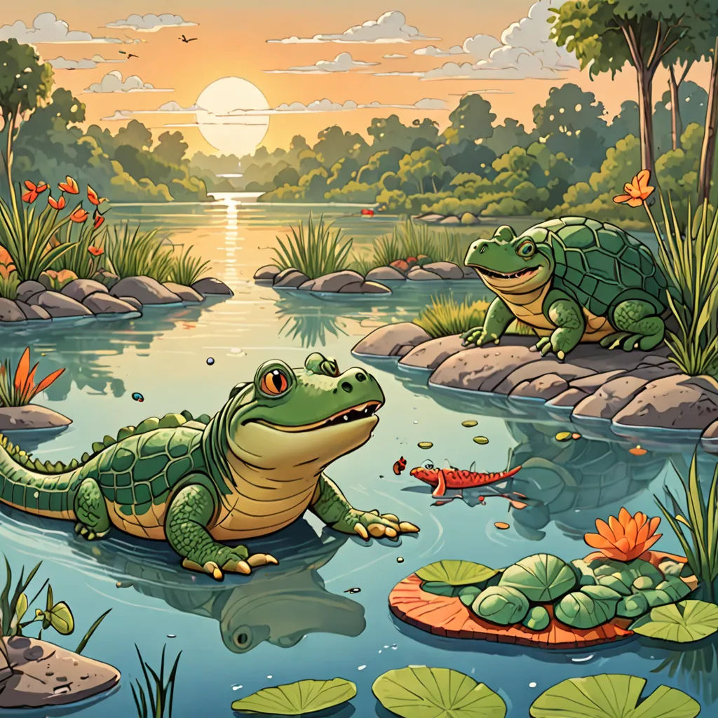 a painting of a frog and a crocodile in a pond with lily pads and lily pads in the foreground, lyco art, a storybook illustration, Chris LaBrooy, storybook illustration