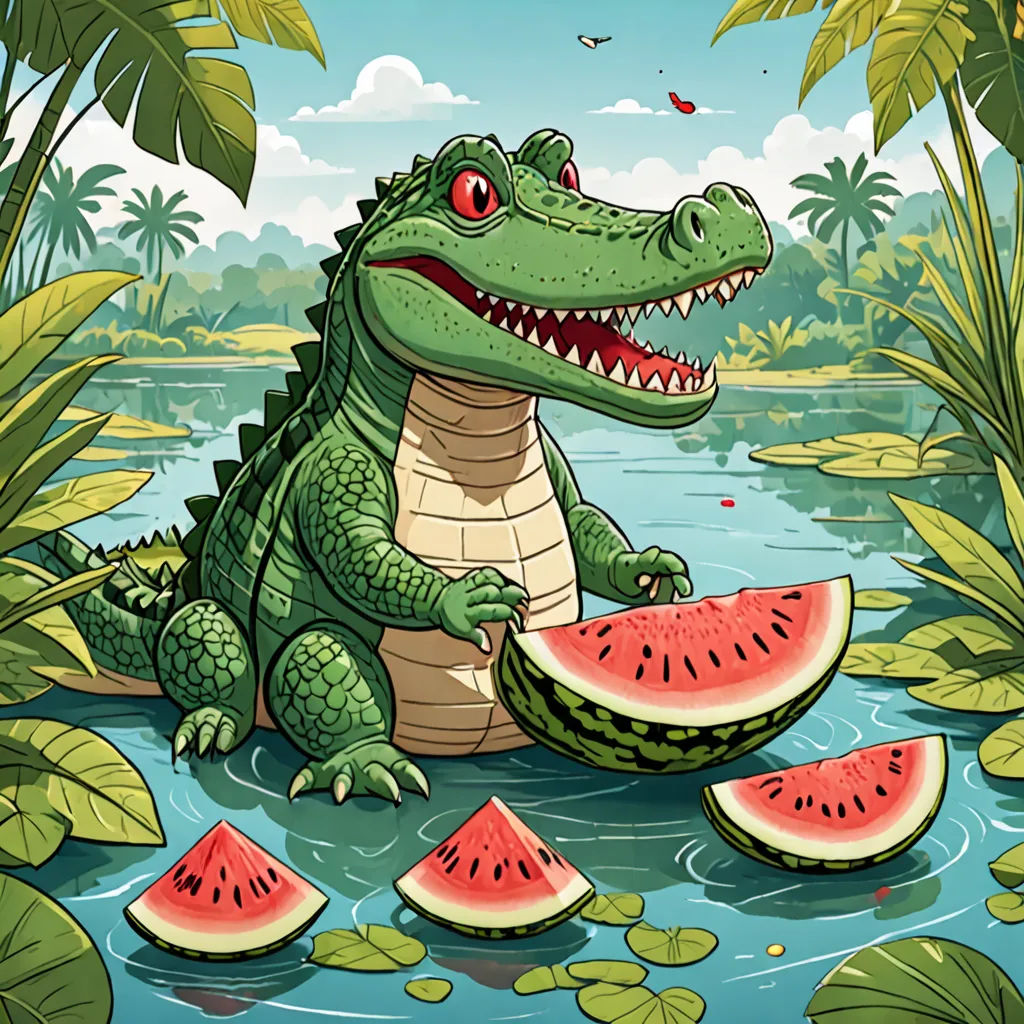 a crocodile is sitting in the water with a piece of watermelon in front of him and a piece of watermelon in the foreground, fantasy art, a storybook illustration, Chris LaBrooy, rossdraws global illumination