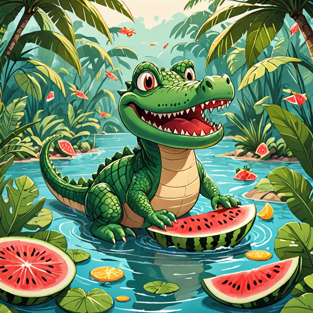 a crocodile is sitting on a piece of watermelon in a pond with lily pads and a slice of watermelon, psychedelic art, a storybook illustration, Chris LaBrooy, highly detailed digital painting