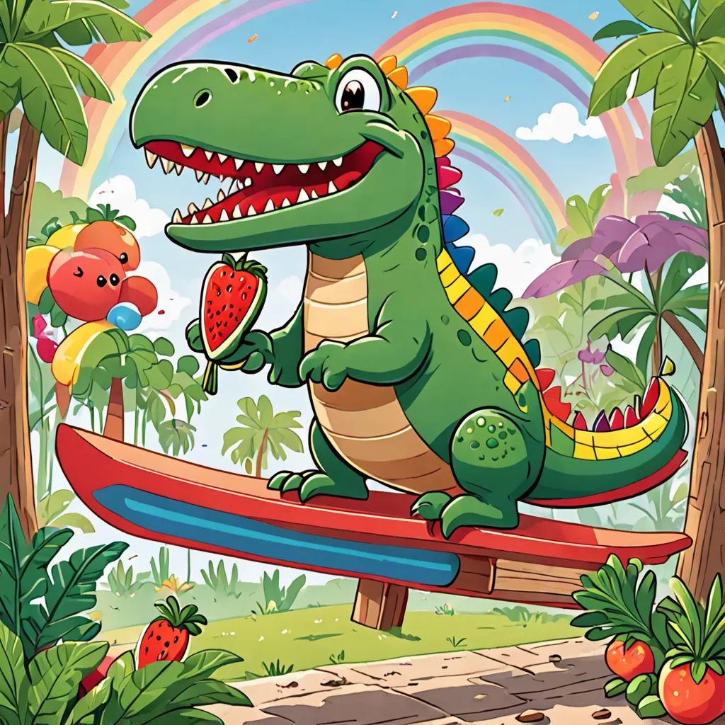 a cartoon alligator riding a surfboard in the jungle with a rainbow in the background and a rainbow in the sky, sots art, a storybook illustration, Chris LaBrooy, highly detailed digital art