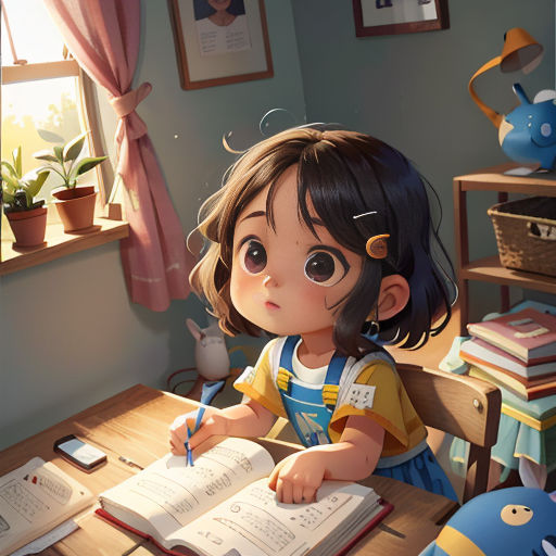a little girl sitting at a desk with a book and pen in her hand and a book in her other hand