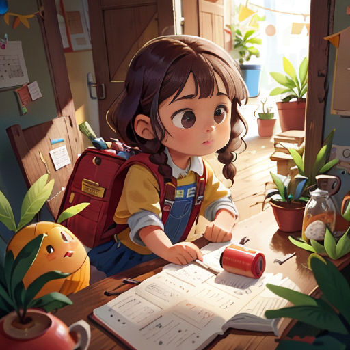 a girl sitting at a table with a book and a pencil in her hand and a plant in the background