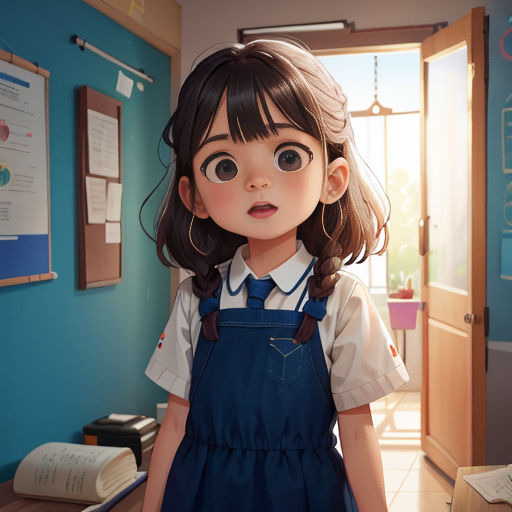 a girl in a school uniform standing in a room with a desk and books on the wall and a door