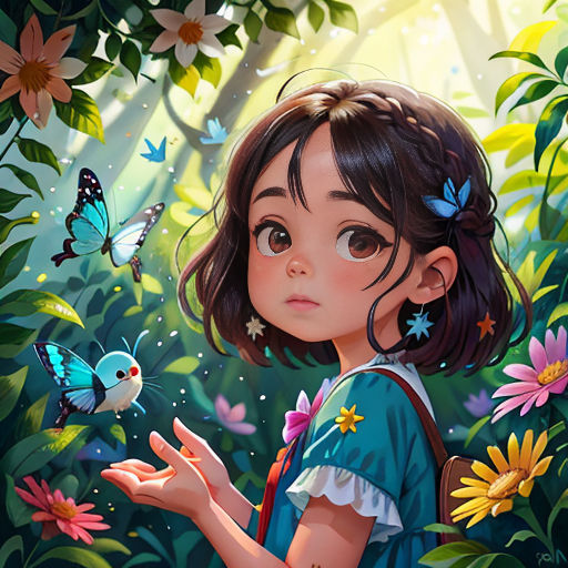a girl in a green dress is surrounded by flowers and butterflies, with a bird flying over her shoulder