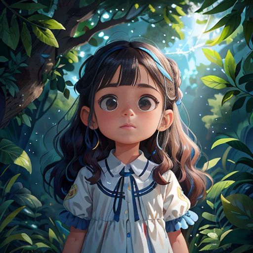 a girl in a white dress standing in a forest with a tree and leaves behind her, looking at the camera