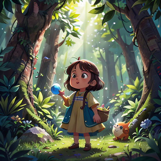a girl in a forest holding a blue object in her hand and a bear in the background with a forest scene