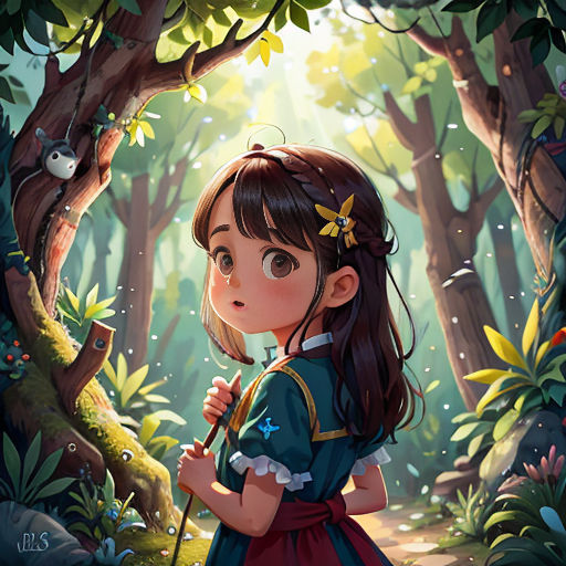 a girl in a forest with a stick in her hand and a bird on her shoulder, looking at the ground