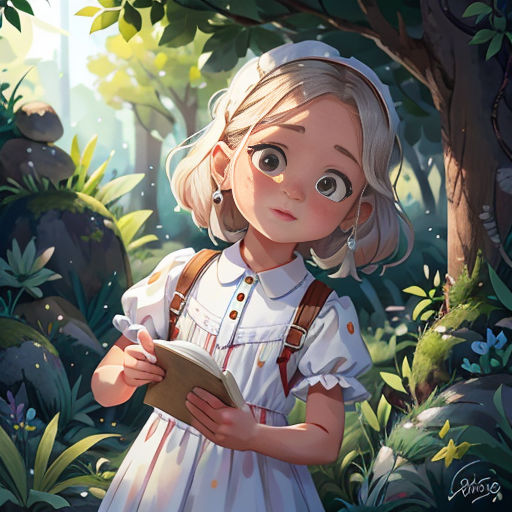 a little girl in a white dress standing in the woods holding a clipboard and looking at the camera