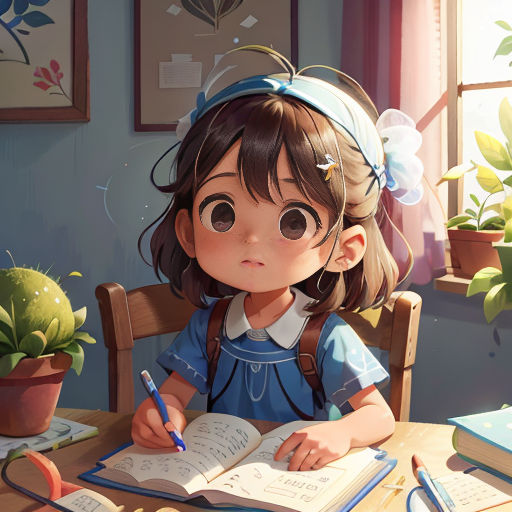 a little girl sitting at a table with a book and pen in her hand and a cactus in the background