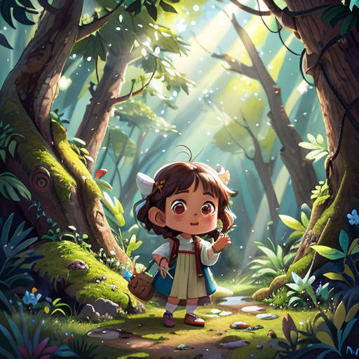 a little girl in a forest with a backpack and a deer on her shoulder, looking at the camera