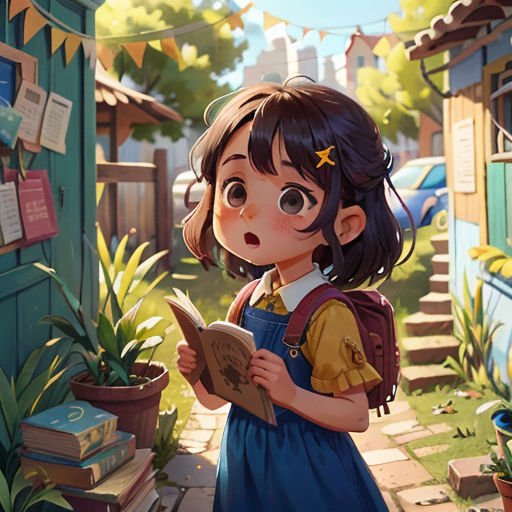 a little girl reading a book in a garden with a house in the background and a cat on the ground