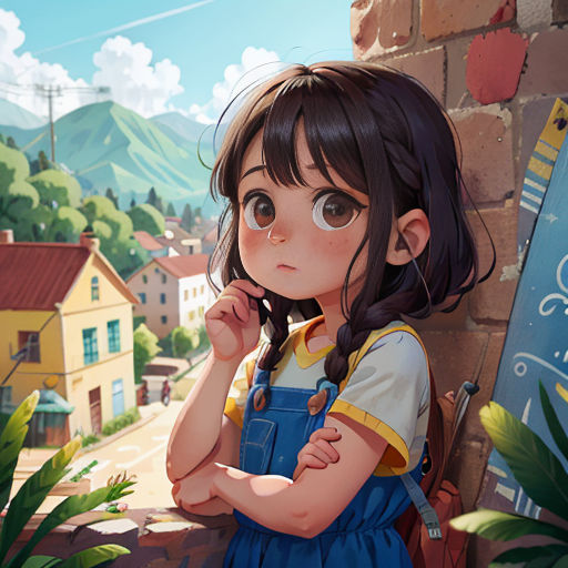 a girl standing next to a brick wall with a painting of a town in the background and a sign that says,