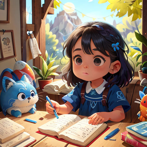 a girl sitting at a table with a book and a cat toy next to her and a cat stuffed animal