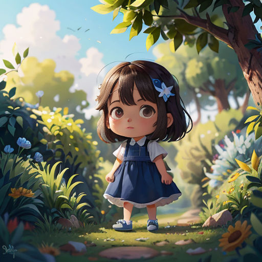 a little girl standing in the middle of a forest with a blue dress on and a star on her head