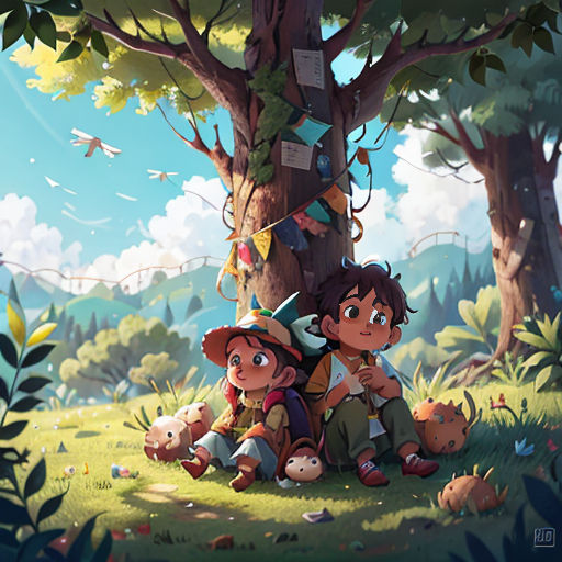 a couple of kids sitting under a tree in a forest with a teddy bear and a teddy bear toy