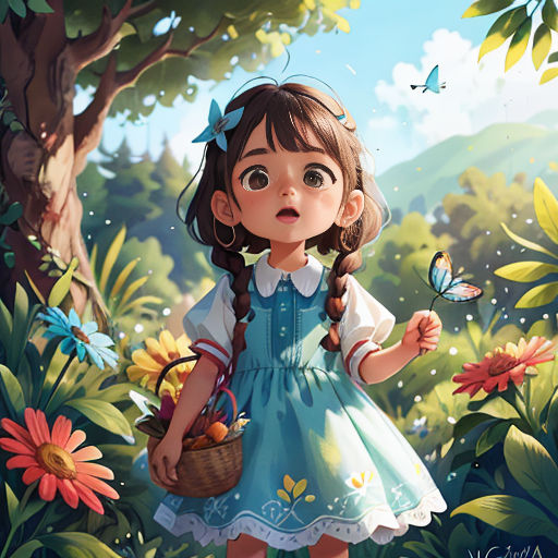 a little girl holding a basket of flowers in a forest with a butterfly flying overhead by a tree with a butterfly on it