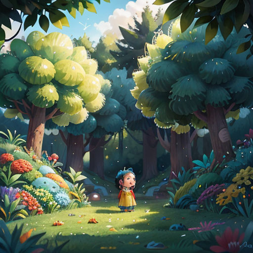 a painting of a little girl in a forest with a flashlight in her hand and a dog in the distance