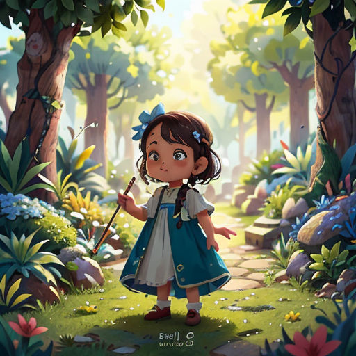 a little girl standing in the middle of a forest holding a stick and a book in her hand,