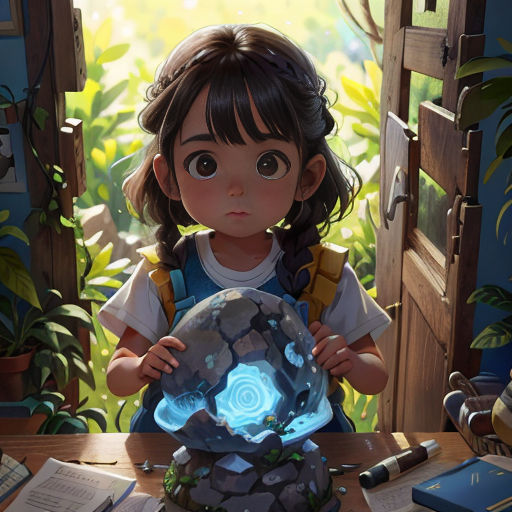 a little girl holding a crystal ball in front of a window with plants and books on the table next to it