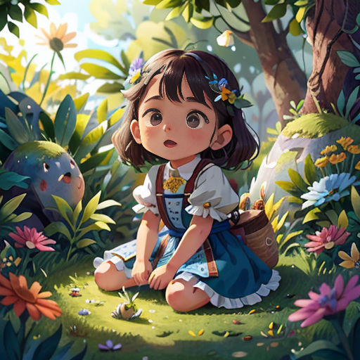 a little girl sitting in the grass with a basket of flowers in her hand and a panda behind her