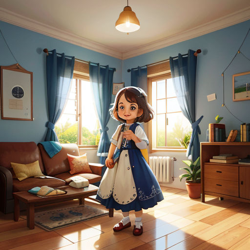 a cartoon girl in a blue dress standing in a living room with a couch and a window behind her